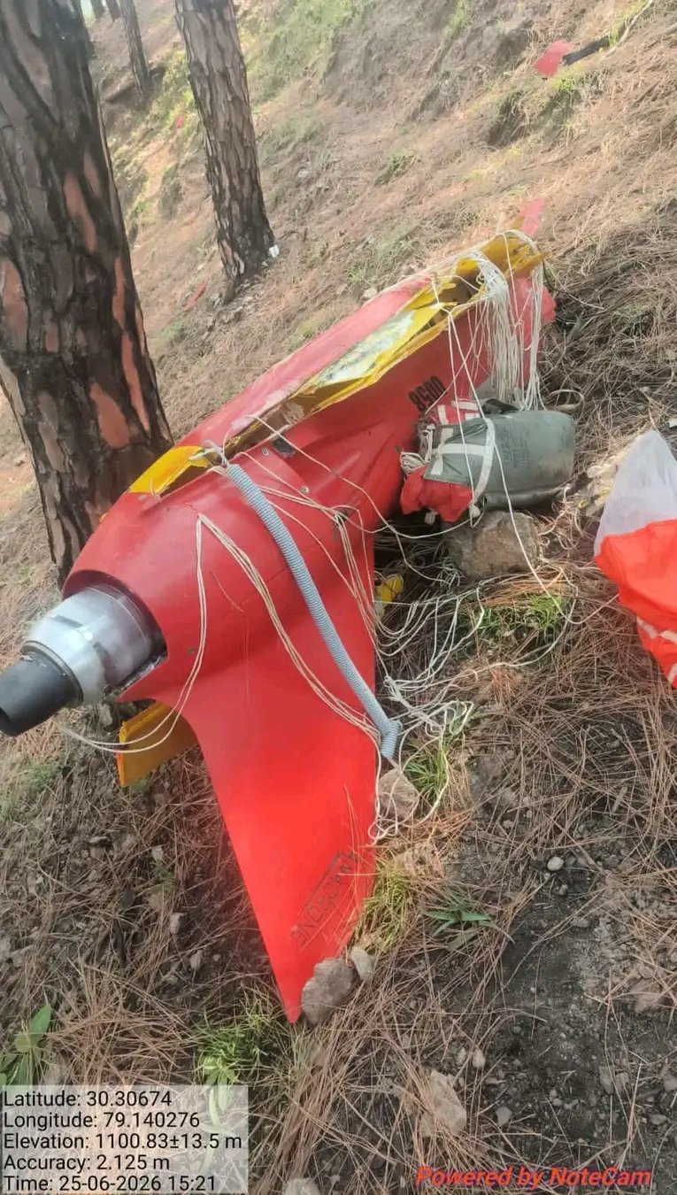 "Rudraprayag Shikra Target Drone Crash Site – Indian Army UAV found damaged near Bijrakot in Uttarakhand hills."