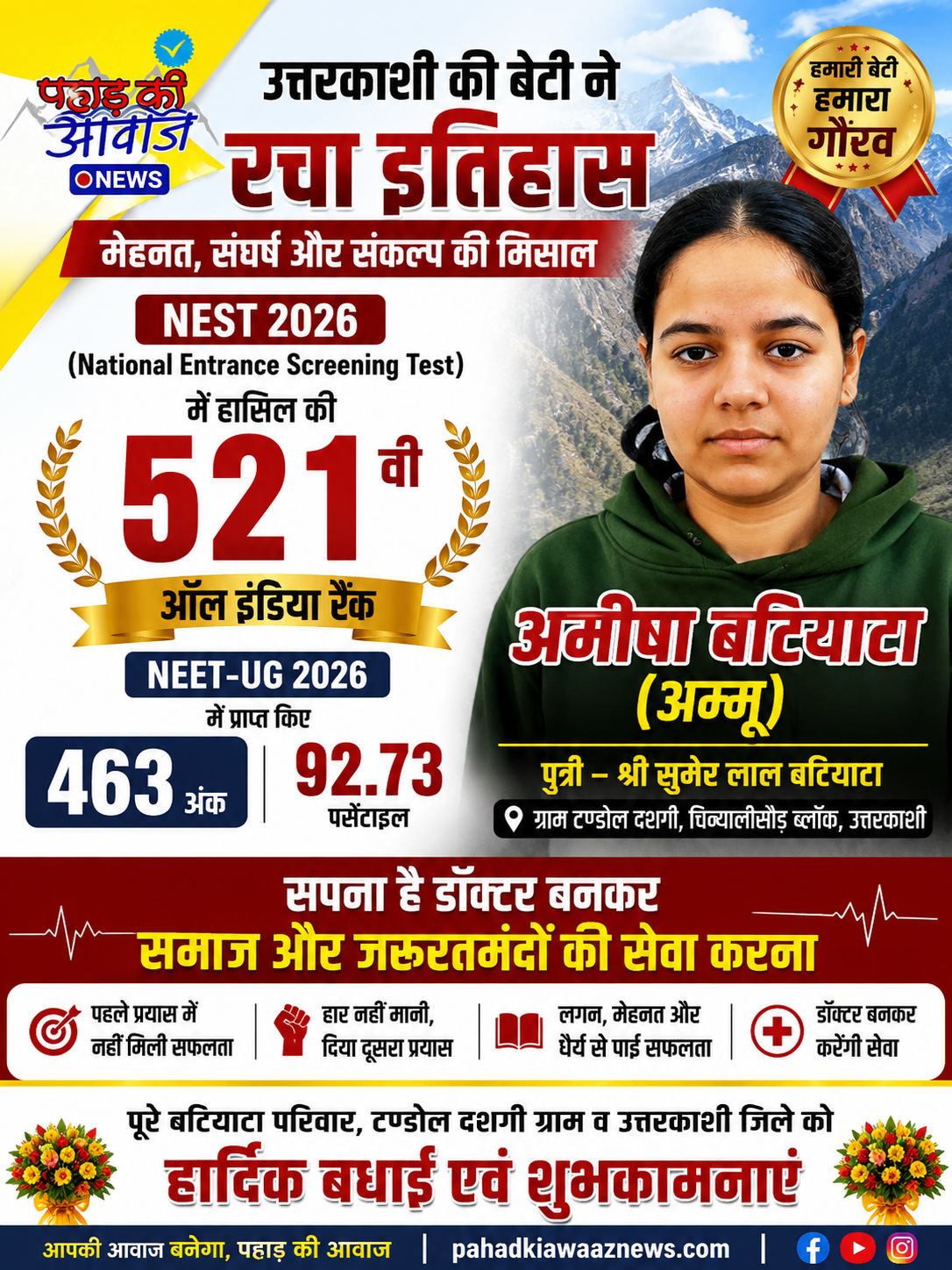 उत्तरकाशी की अमीषा बटियाटा, जिन्होंने NEET-UG 2026 में 463 अंक और 92.73 पर्सेंटाइल हासिल कर डॉक्टर बनने की दिशा में सफलता प्राप्त की